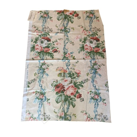 Vintage Ramm Fabric  Sample 35 1/4" x 25"  Pink Roses & Blue Ribbons Cotton Romn - Picture 1 of 6